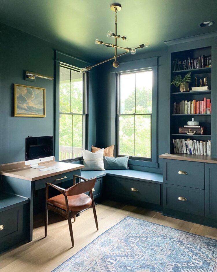 Paint idea for a monochrome interior with walls, ceiling, window trim, bookcase, desk and window seat all one color.