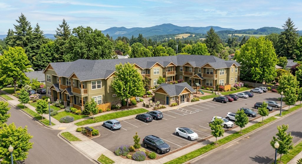 Aerial view of a multi-building apartment complex with green siding, shingle roofs, and parking lot in the Mid-Willamette Valley Oregon